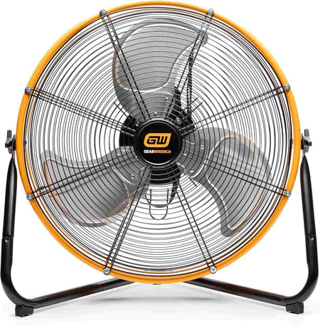 Front view of the GEARWRENCH 20-inch 3-speed high velocity industrial shop fan showcasing the powder-coated orange metal frame, black safety grill, and durable silver blades.