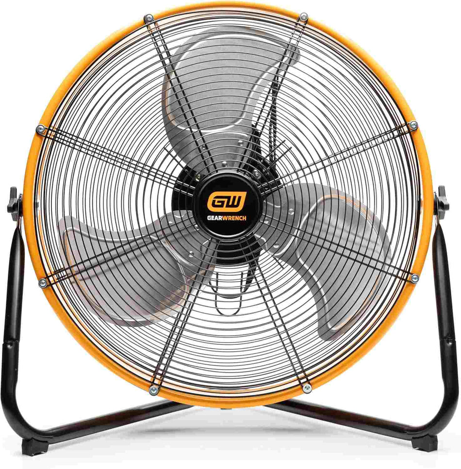 Front view of the GEARWRENCH 20-inch 3-speed high velocity industrial shop fan showcasing the powder-coated orange metal frame, black safety grill, and durable silver blades.