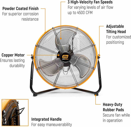Infographic detailing the key features of the GEARWRENCH 20-inch industrial shop fan including a powder-coated finish, copper motor, integrated handle, 3 high-velocity fan speeds up to 4500 CFM, adjustable tilting head, and heavy-duty rubber pads.