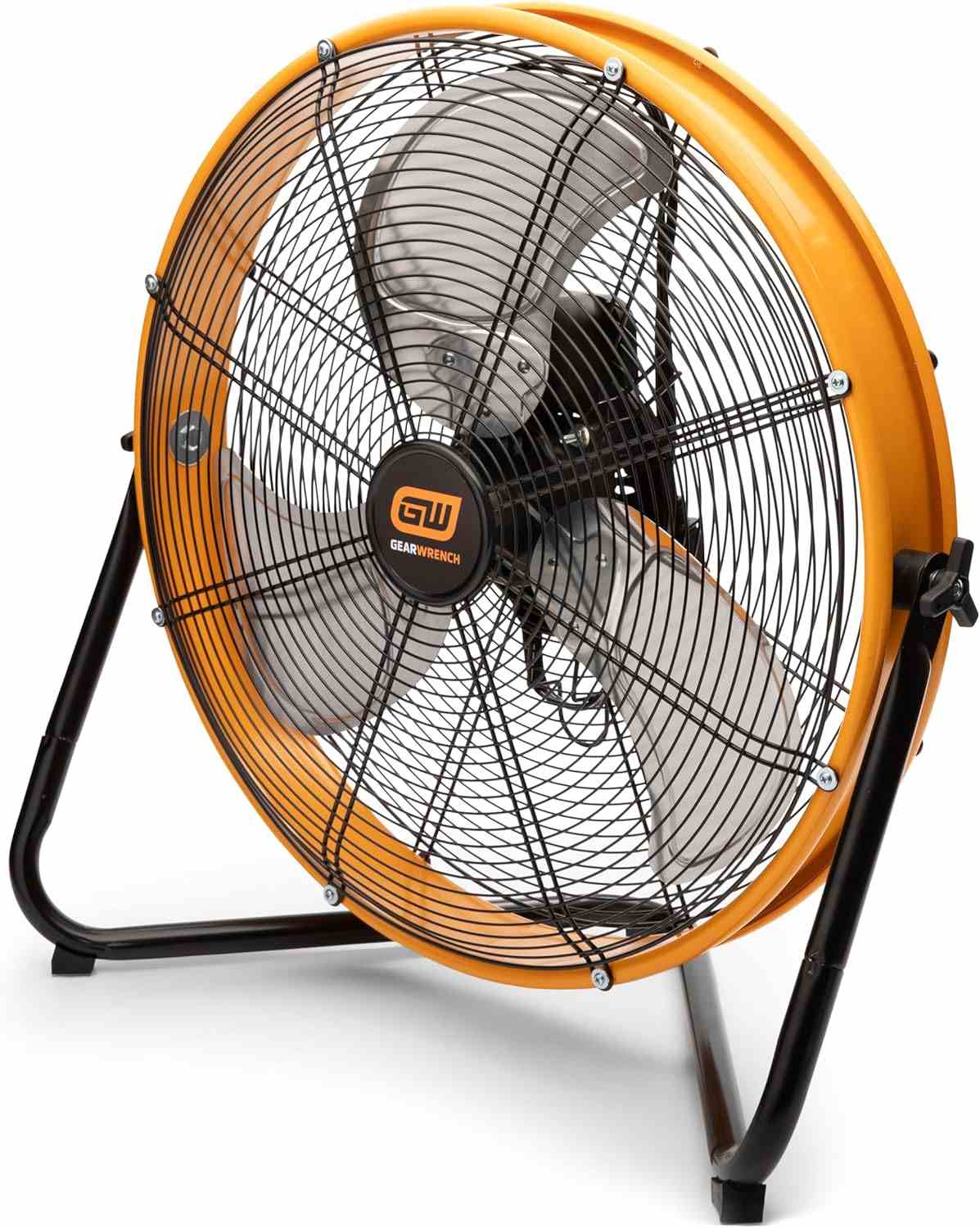 Angled view of the GEARWRENCH GWSFAN20 high velocity industrial shop fan highlighting the depth of the protective metal drum housing and the sturdy black tubular floor stand.