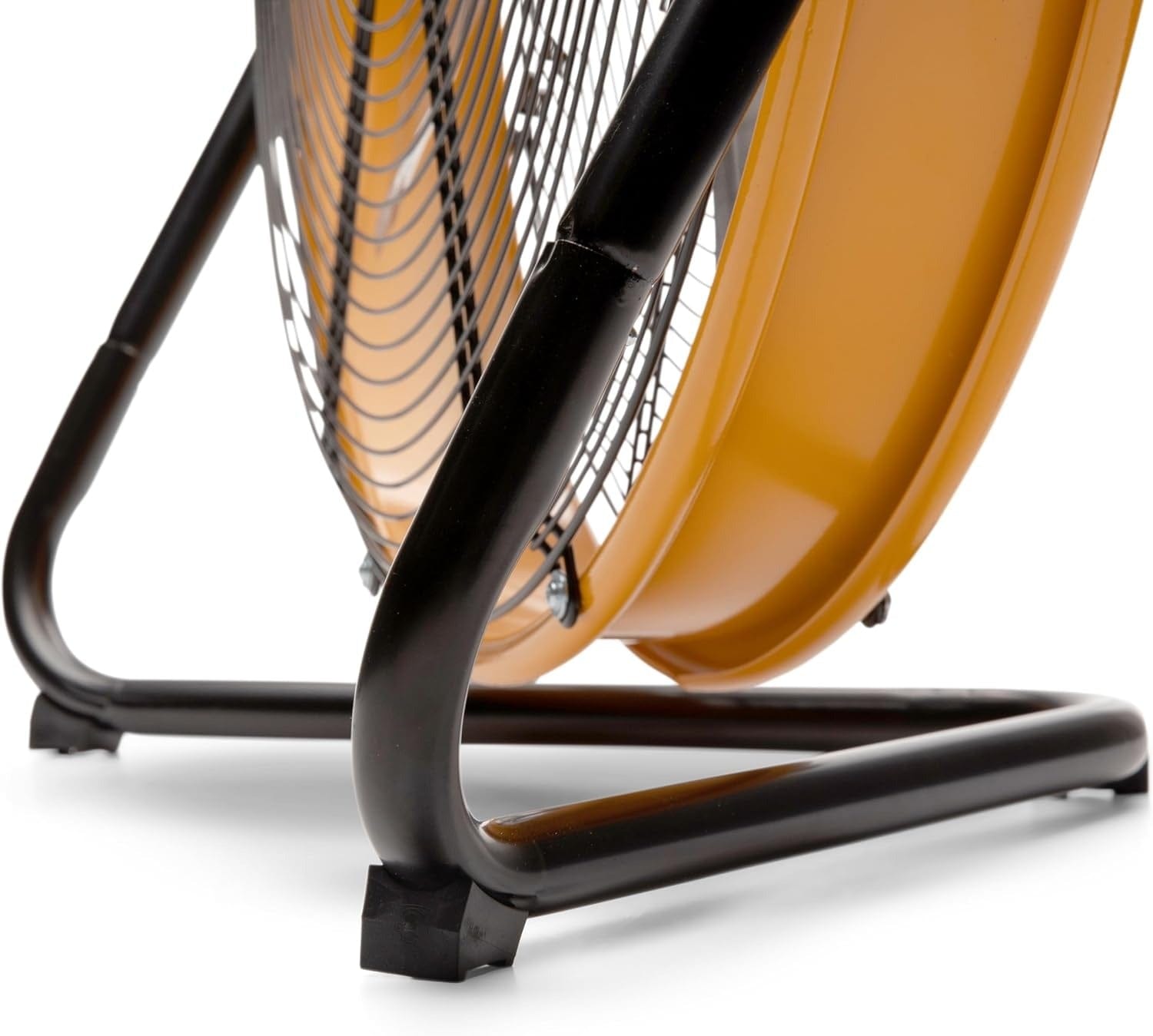Close-up of the tubular metal frame base on the GEARWRENCH 20-inch high velocity shop fan featuring heavy-duty rubber pads to ensure secure, vibration-free operation on hard floors.