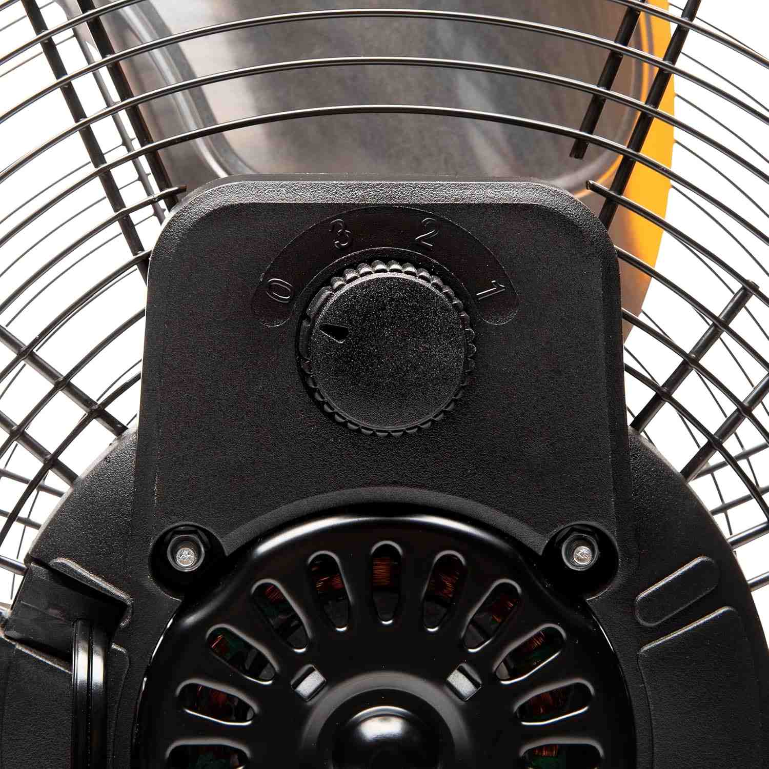 Close-up of the back of the GEARWRENCH industrial shop fan showing the ventilated copper motor housing and the easily accessible 3-speed rotary control dial.