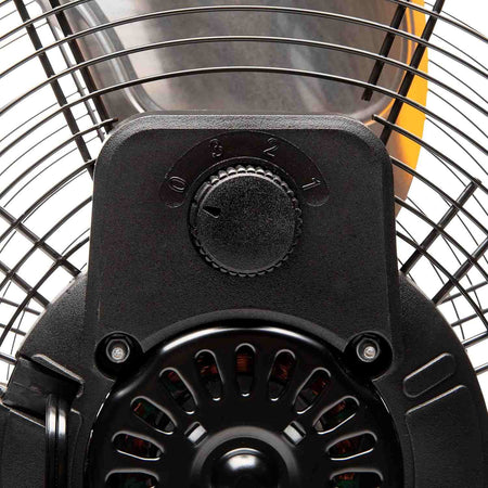 Close-up of the back of the GEARWRENCH industrial shop fan showing the ventilated copper motor housing and the easily accessible 3-speed rotary control dial.