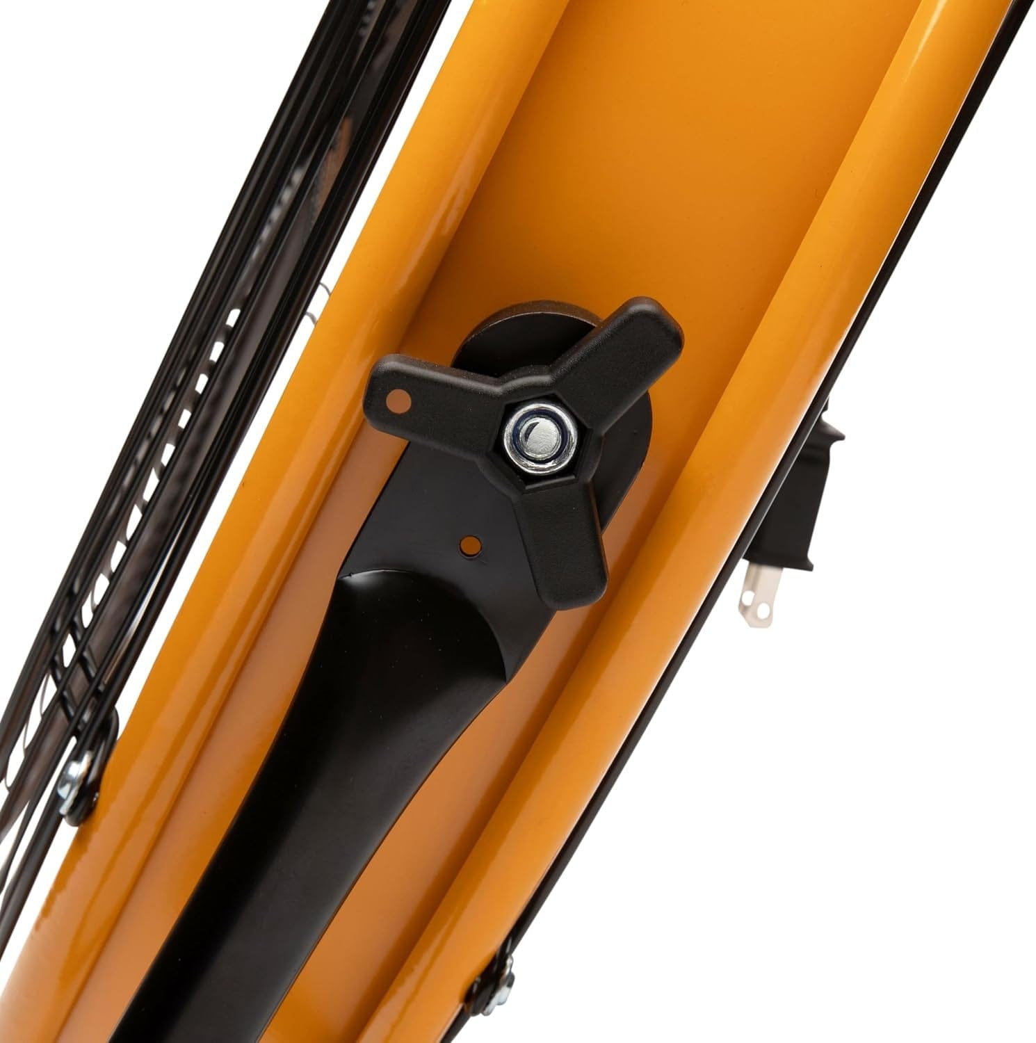 Close-up of the side adjustment knob on the GEARWRENCH 20-inch high velocity fan allowing users to easily secure the adjustable tilting head for customized airflow positioning.