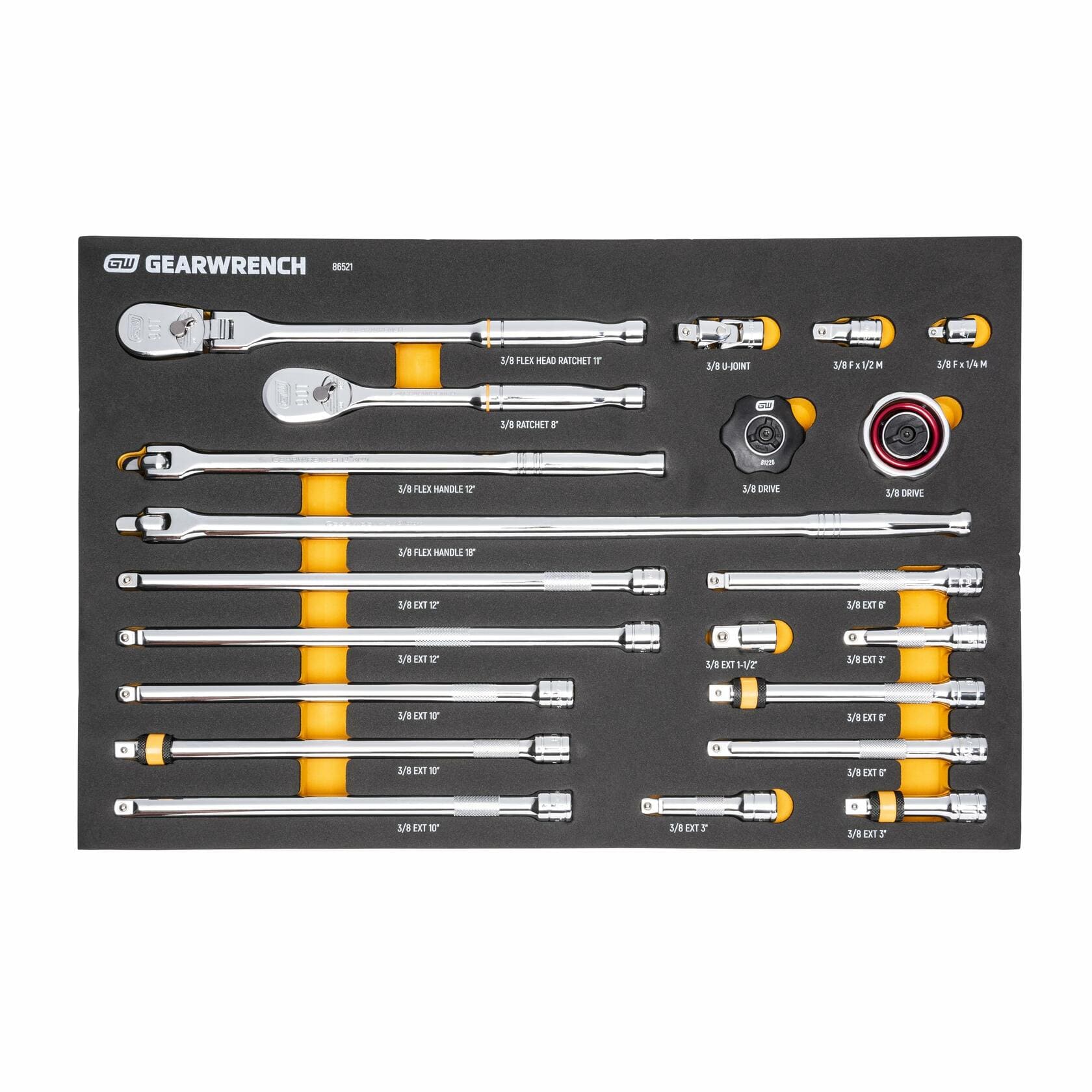 GEARWRENCH ratchet and socket accessory set organized in a foam tray with labeled slots. Includes drive extensions, adapters, universal joints, and ratchets. Each tool is clearly marked for size and type, designed for professional tool organization.