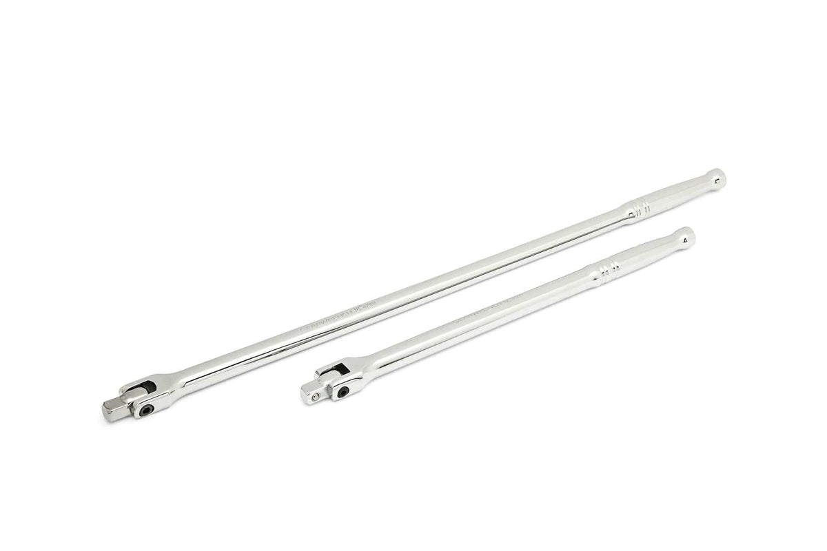 Two polished metal breaker bars with long handles and pivoting heads for socket attachment. Designed to provide extra leverage for loosening tight fasteners. Each bar includes a hole at the end of the handle for hanging or securing.