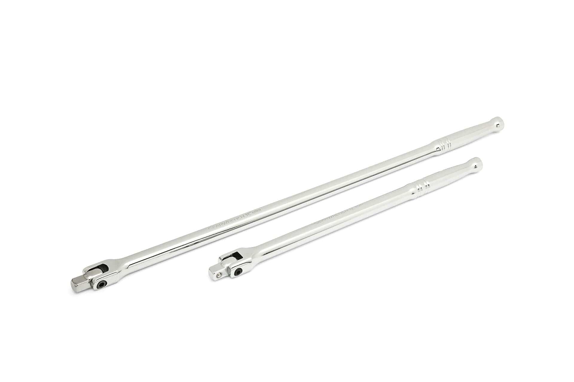 Two polished metal breaker bars with long handles and pivoting heads for socket attachment. Designed to provide extra leverage for loosening tight fasteners. Each bar includes a hole at the end of the handle for hanging or securing.
