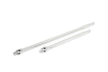 Two polished metal breaker bars with long handles and pivoting heads for socket attachment. Designed to provide extra leverage for loosening tight fasteners. Each bar includes a hole at the end of the handle for hanging or securing.