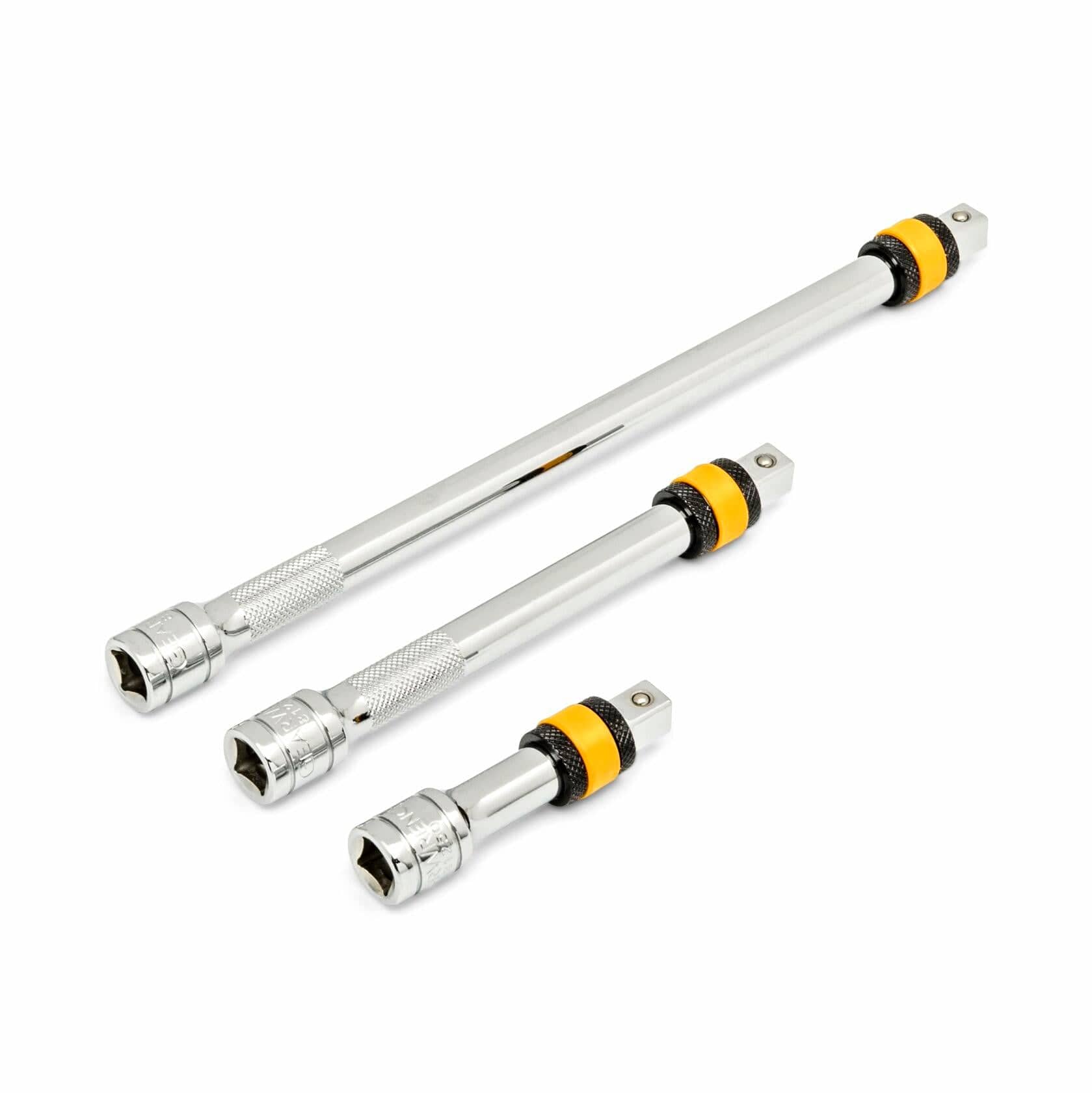 Three chrome extension bars with knurled grips and colored rings near the drive ends for quick identification. Each bar has a square drive and socket end, used with ratchets to access fasteners in confined areas. Designed for durability and control.