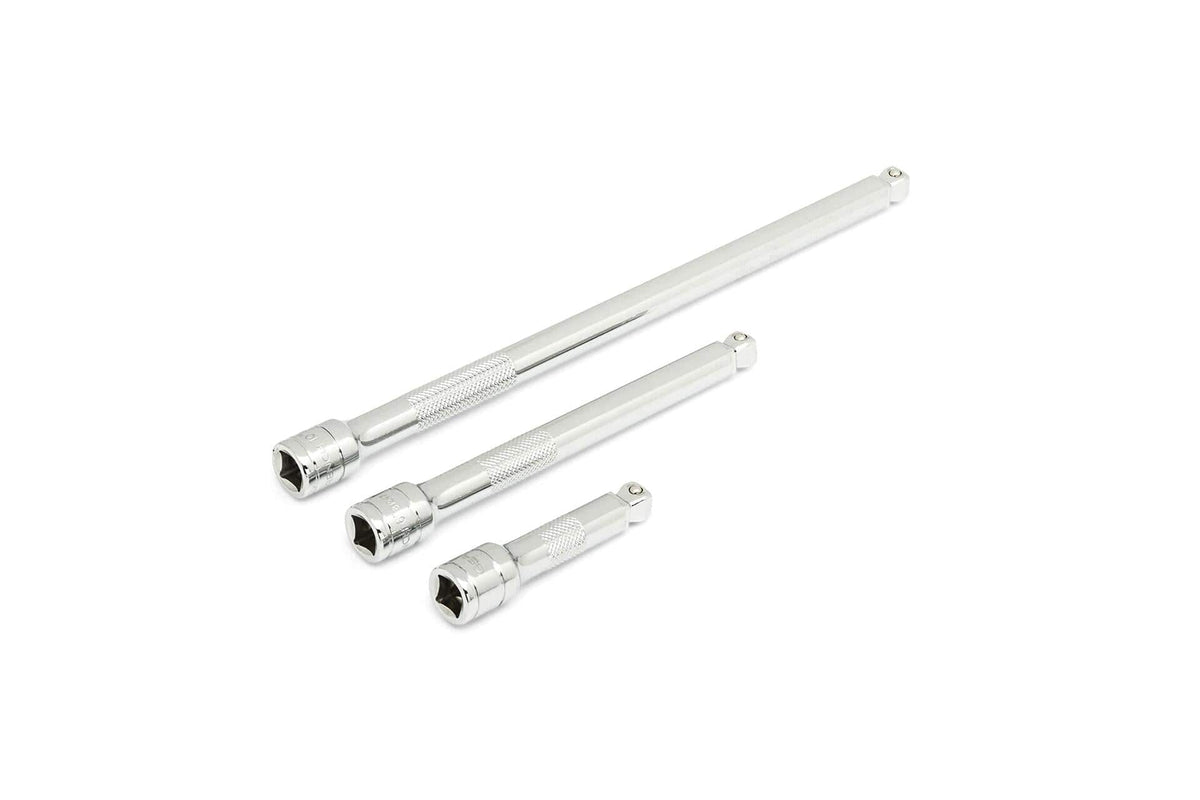 Three chrome extension bars of varying lengths arranged side by side. Each bar features a square drive end and a socket end, designed for use with ratchets to reach fasteners in recessed or tight spaces. Polished finish provides corrosion resistance.