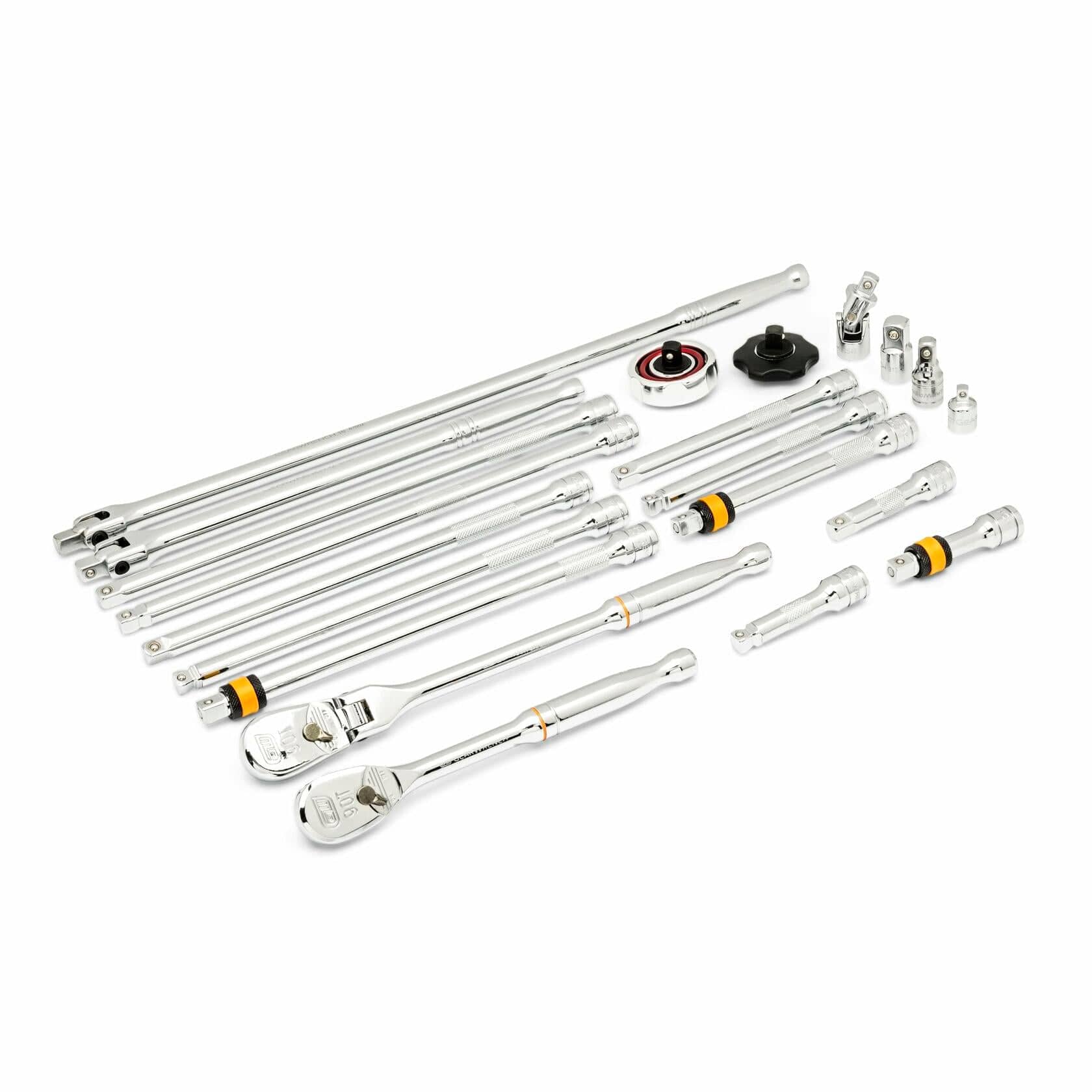 "Comprehensive set of chrome socket wrench tools laid out on a white background. Includes ratchet handles, extension bars, universal joints, and adapters. Tools feature ergonomic grips and polished finishes for durability and corrosion resistance.