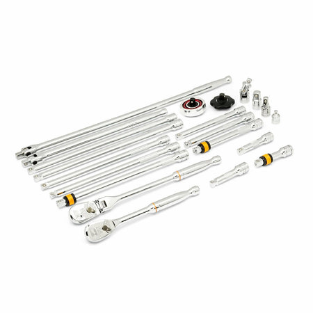 "Comprehensive set of chrome socket wrench tools laid out on a white background. Includes ratchet handles, extension bars, universal joints, and adapters. Tools feature ergonomic grips and polished finishes for durability and corrosion resistance.