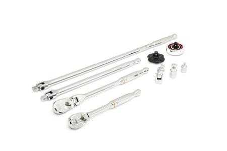 Set of polished metal hand tools including ratchets, extension bars, adapters, and a universal joint. Tools are arranged to show variety in size and function, used for tightening or loosening fasteners in mechanical and automotive applications.