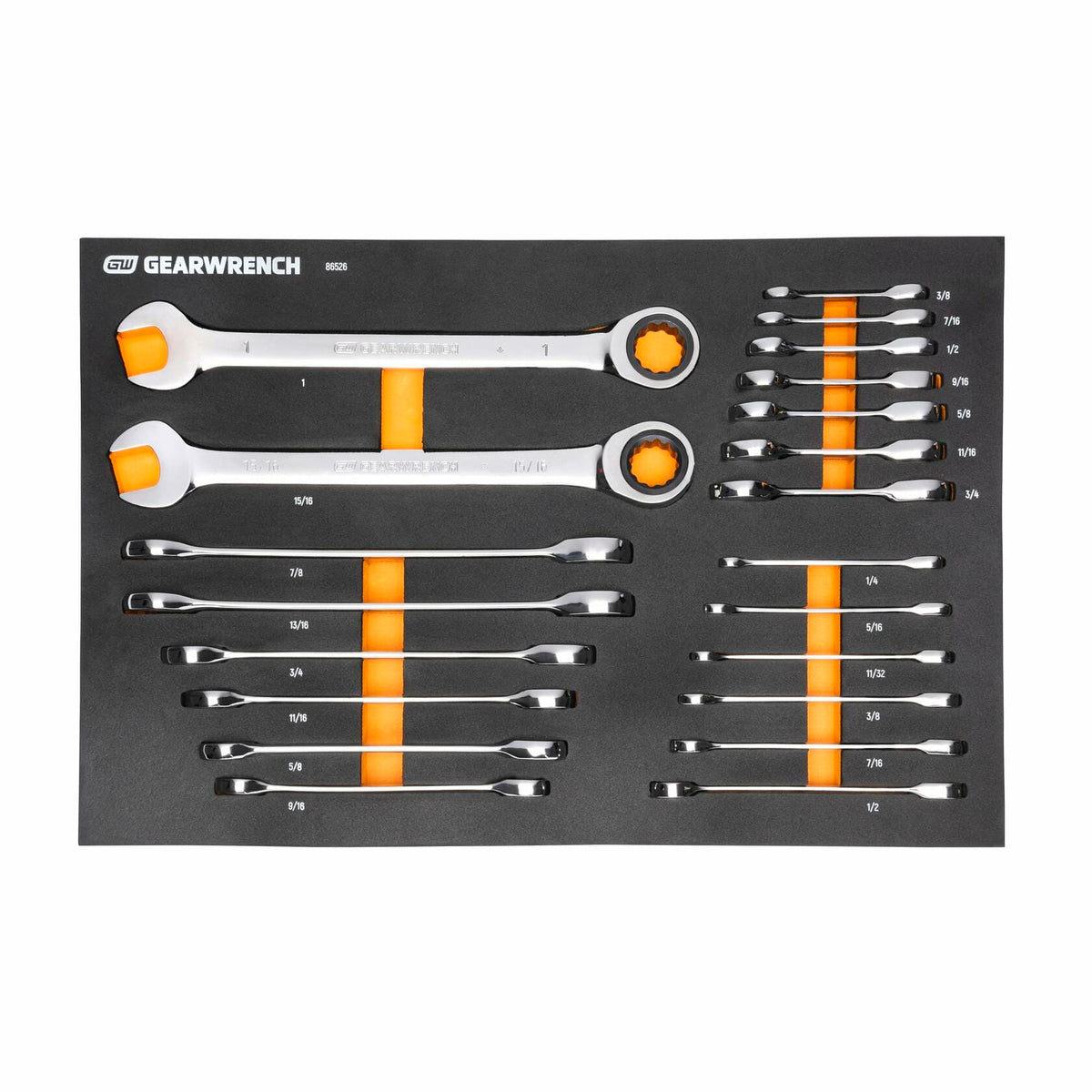 A GEARWRENCH foam tray containing 20 SAE combination wrenches, including two large ratcheting wrenches and 18 smaller sizes from 1/4 inch to 1 inch. Each wrench is placed in a labeled slot for organized tool chest storage.