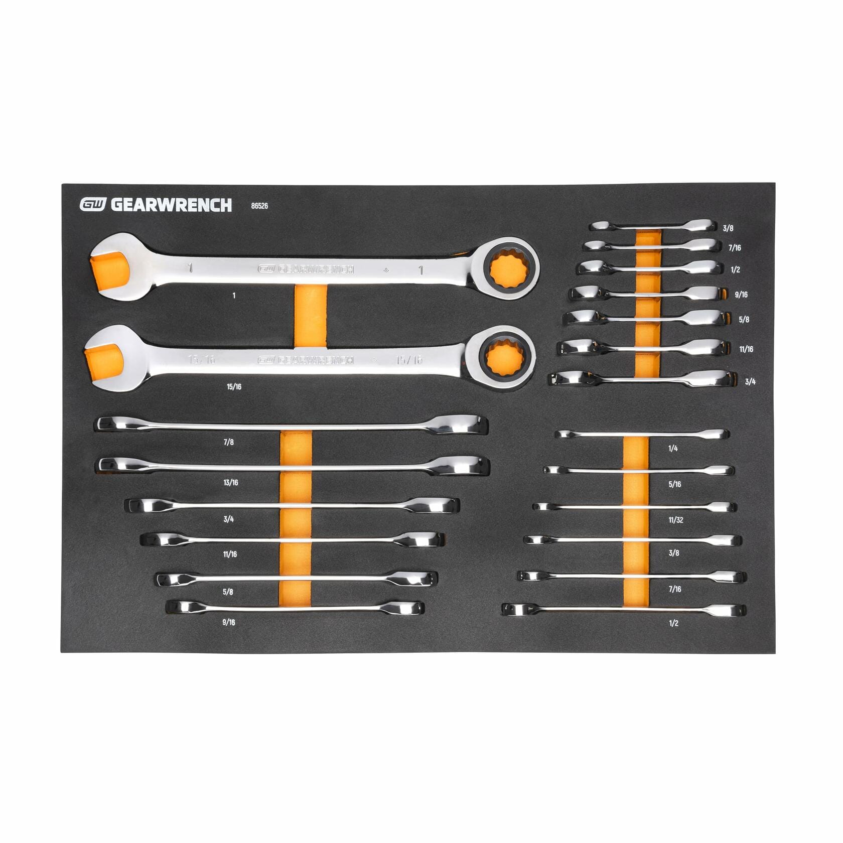 A GEARWRENCH foam tray containing 20 SAE combination wrenches, including two large ratcheting wrenches and 18 smaller sizes from 1/4 inch to 1 inch. Each wrench is placed in a labeled slot for organized tool chest storage.
