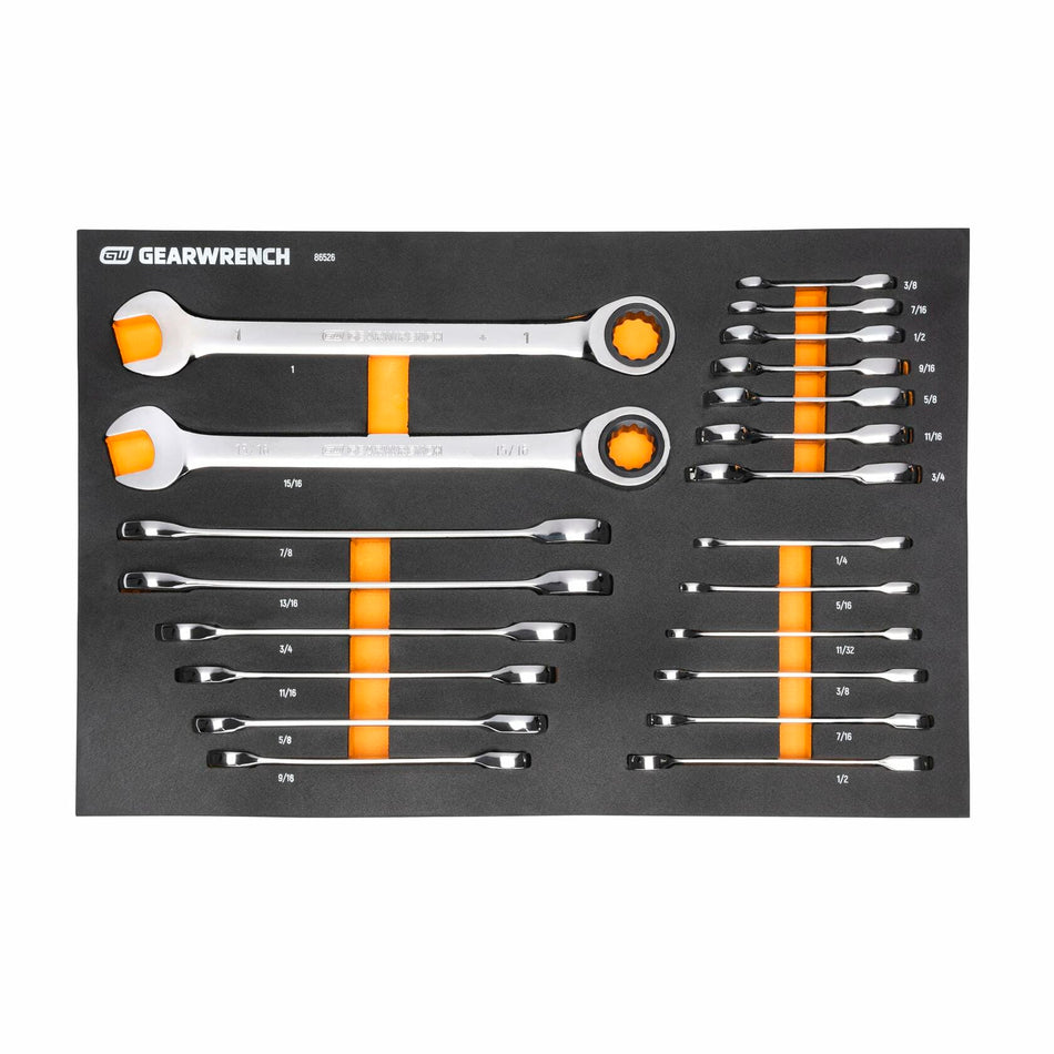 A GEARWRENCH foam tray containing 20 SAE combination wrenches, including two large ratcheting wrenches and 18 smaller sizes from 1/4 inch to 1 inch. Each wrench is placed in a labeled slot for organized tool chest storage.