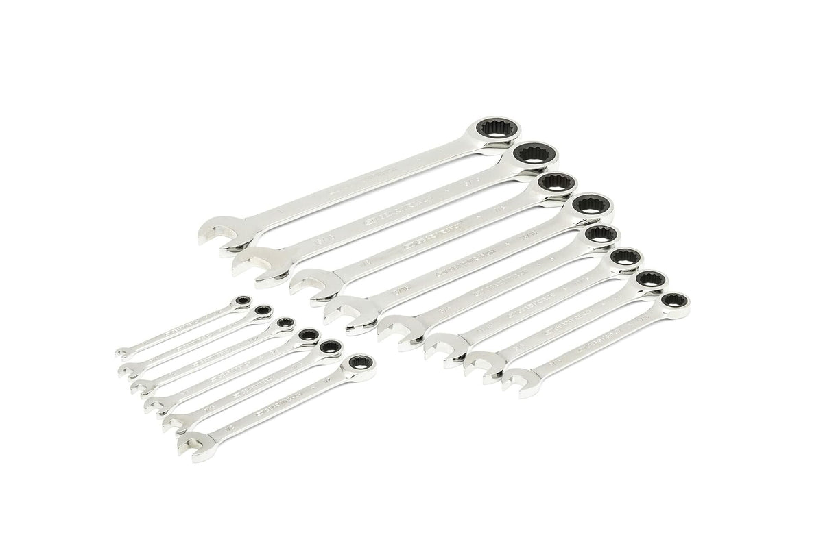 Chrome combination wrenches organized in descending size order within a foam tray. Each wrench includes an open-end and ratcheting box-end, suitable for mechanical tasks in tight or open workspaces.