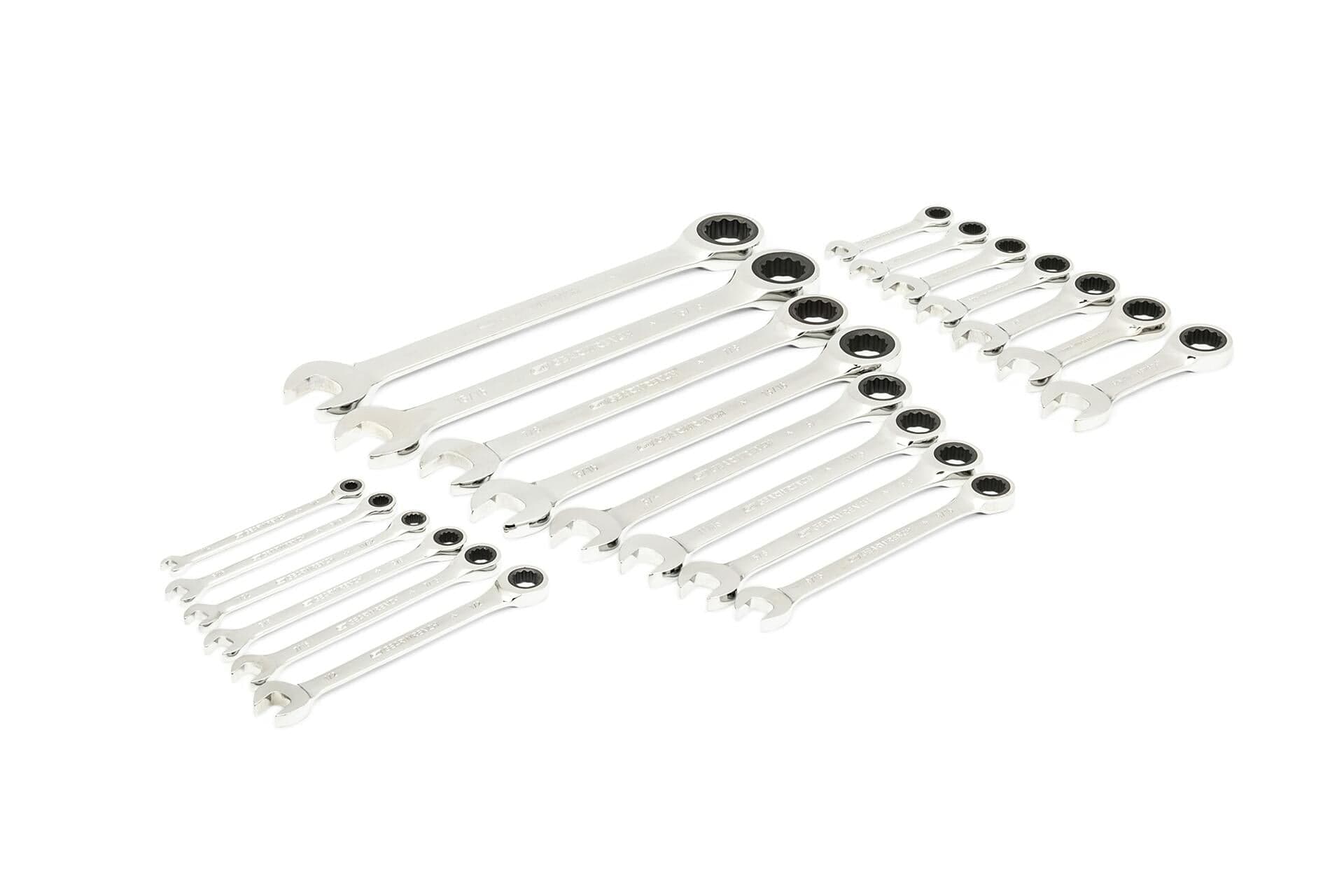 A set of polished chrome combination wrenches arranged by size in a foam tray. Each wrench features an open-end and a ratcheting box-end, designed for tightening or loosening fasteners. The tray is part of a modular tool chest system.