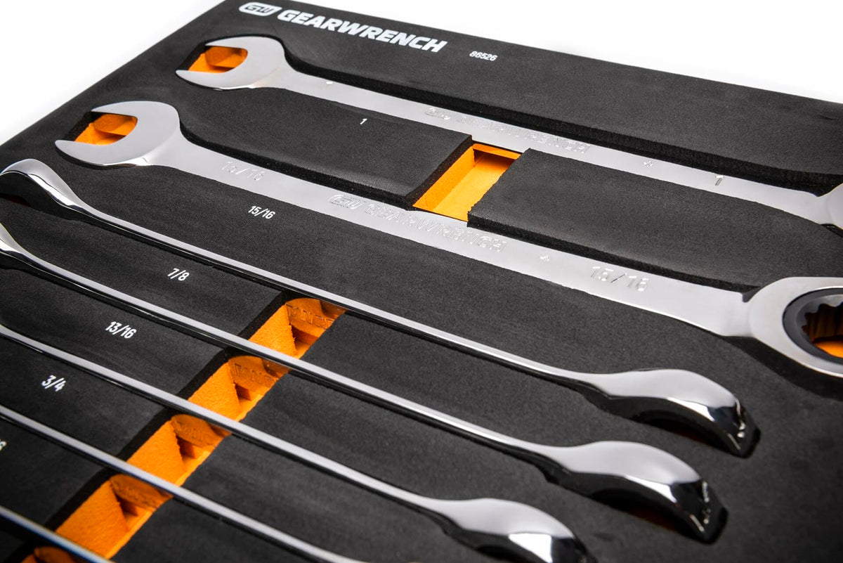 A GEARWRENCH foam tray holding large SAE combination wrenches, labeled with sizes from 3/4 to 1-1/4 inches. Wrenches are arranged in descending order and secured in custom cutouts for modular tool storage.