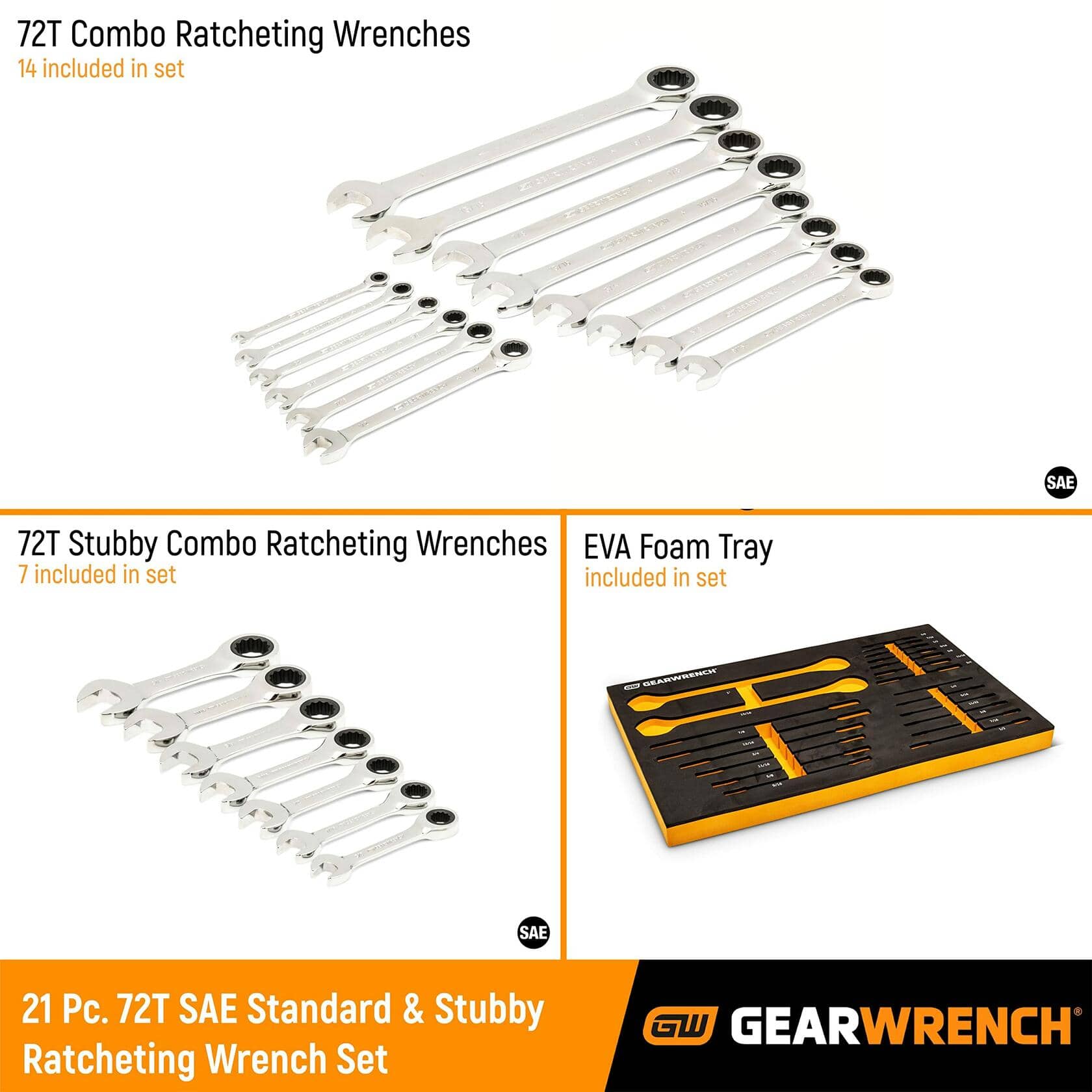 Promotional image showing three sections: 14 standard ratcheting wrenches, 7 stubby ratcheting wrenches, and an EVA foam tray with labeled slots. Text reads “21 Pc. 72T SAE Standard & Stubby Ratcheting Wrench Set” with the GEARWRENCH logo.