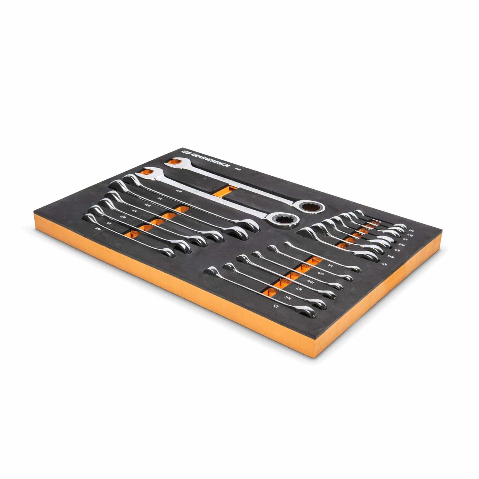 A foam tray with combination wrenches arranged left to right by size. Each slot is labeled with the corresponding wrench size. The tray is designed for modular tool chest systems and supports organized mechanical work.