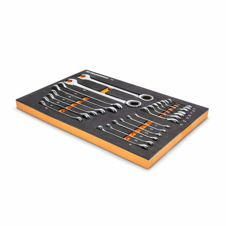 A foam tray with combination wrenches arranged left to right by size. Each slot is labeled with the corresponding wrench size. The tray is designed for modular tool chest systems and supports organized mechanical work.