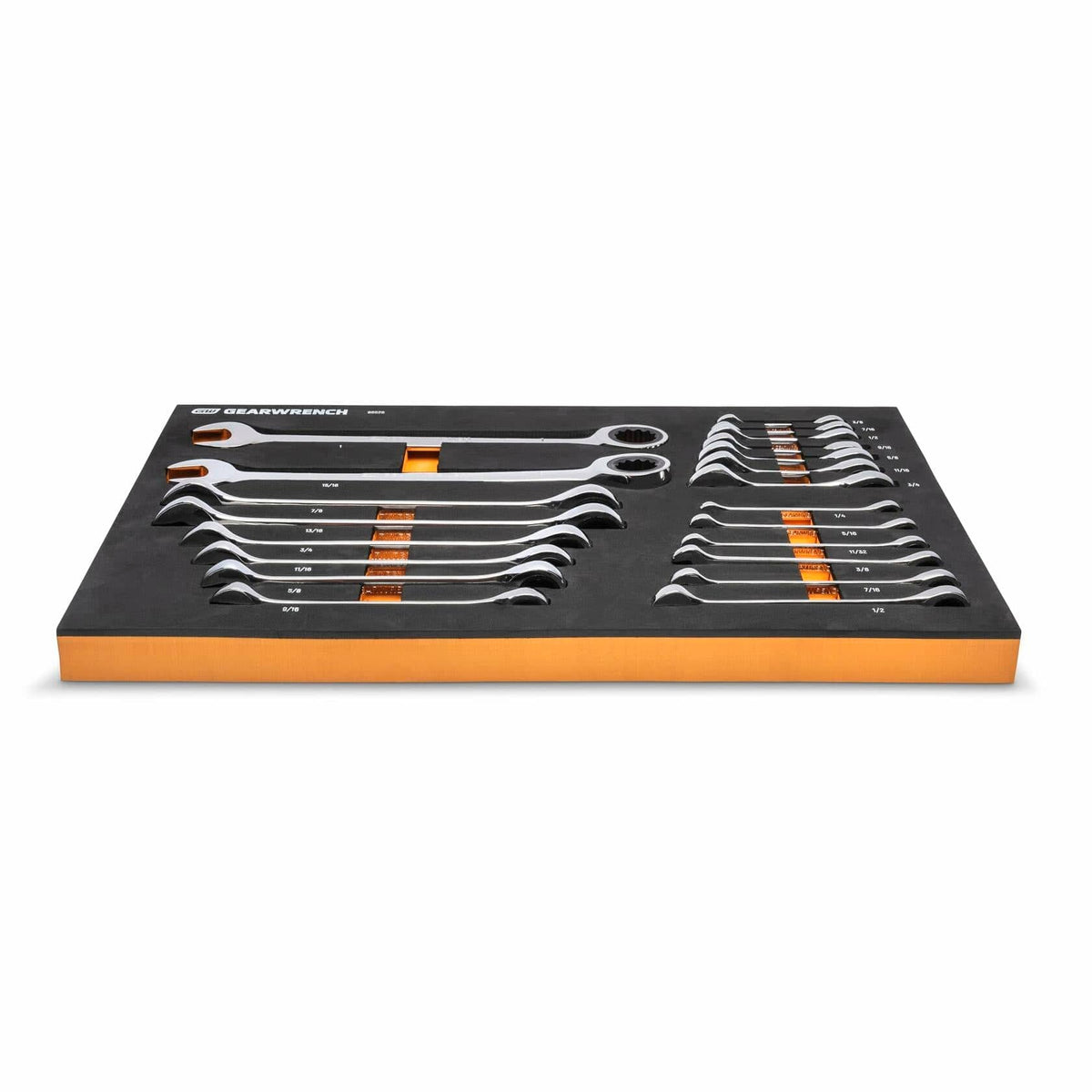 Sixteen metric combination wrenches arranged in two rows inside a black and orange GEARWRENCH foam tray. Sizes range from 6 mm to 22 mm, each labeled for quick identification. Designed for modular tool chest integration