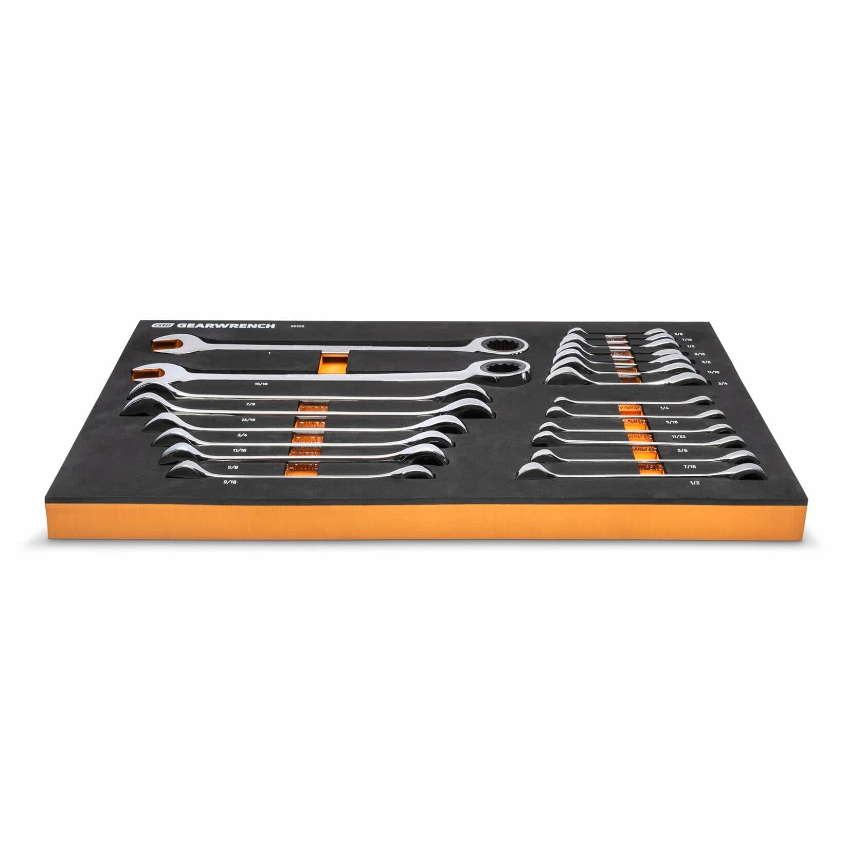 Sixteen metric combination wrenches arranged in two rows inside a black and orange GEARWRENCH foam tray. Sizes range from 6 mm to 22 mm, each labeled for quick identification. Designed for modular tool chest integration
