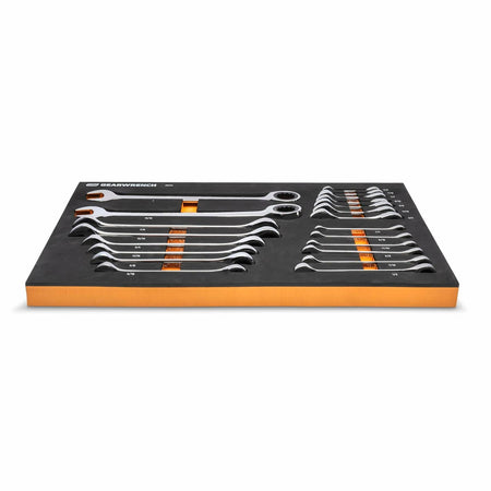 Sixteen metric combination wrenches arranged in two rows inside a black and orange GEARWRENCH foam tray. Sizes range from 6 mm to 22 mm, each labeled for quick identification. Designed for modular tool chest integration