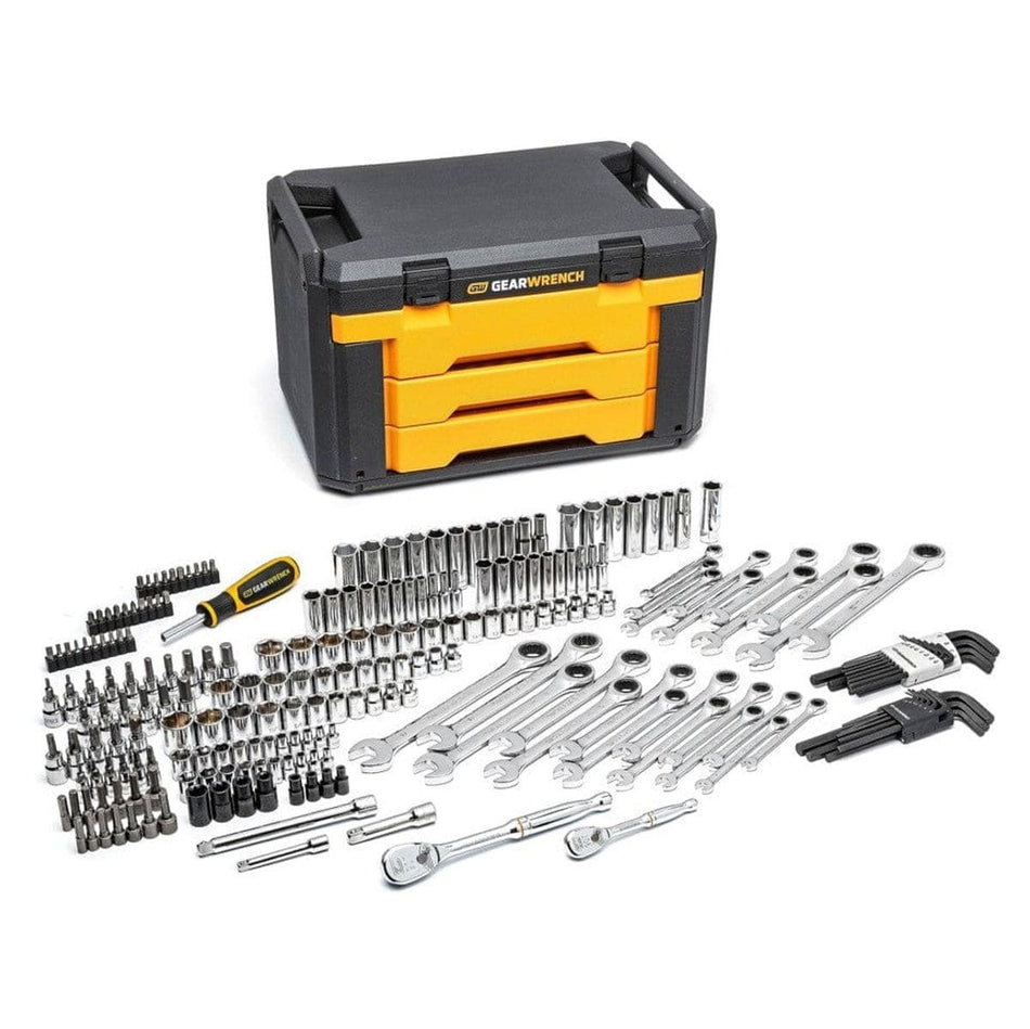 The complete GEARWRENCH 219-piece mechanics tool set (80940) laid out in front of the closed 3-drawer black and orange storage box.