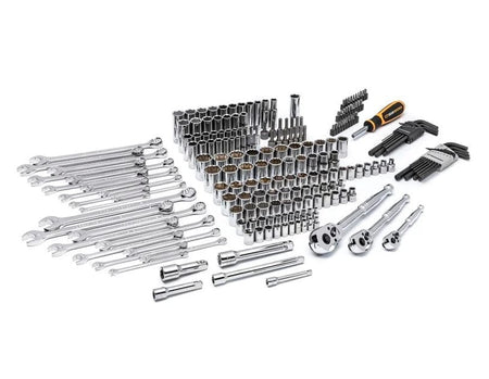All 219 pieces of the GEARWRENCH 80940 mechanics tool set, including ratchets, sockets, wrenches, extensions, hex keys, and bits, laid out on a white background.