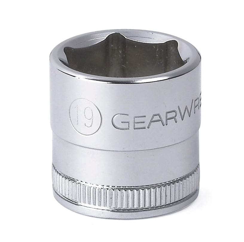 A close-up profile view of a GEARWRENCH 19mm 6-point standard socket with a full polish chrome finish.