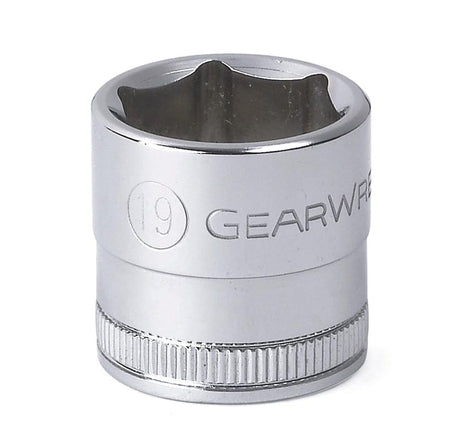 A close-up profile view of a GEARWRENCH 19mm 6-point standard socket with a full polish chrome finish.