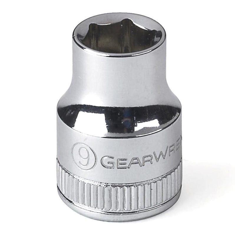 A close-up profile view of a GEARWRENCH 9mm 6-point standard socket with a full polish chrome finish.