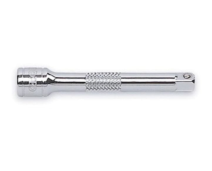 A studio shot of a GEARWRENCH full polish chrome socket extension bar, showing its knurled grip section, isolated on a white background.