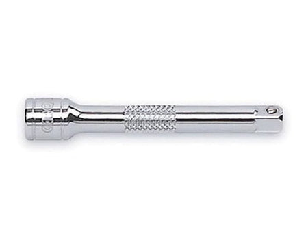 A studio shot of a GEARWRENCH full polish chrome socket extension bar, showing its knurled grip section, isolated on a white background.