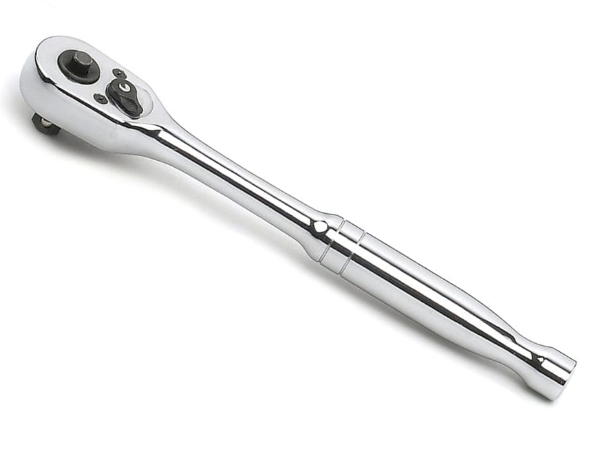 A full studio shot of a GEARWRENCH 45-tooth quick-release ratchet with a full polish chrome finish, isolated on a white background.