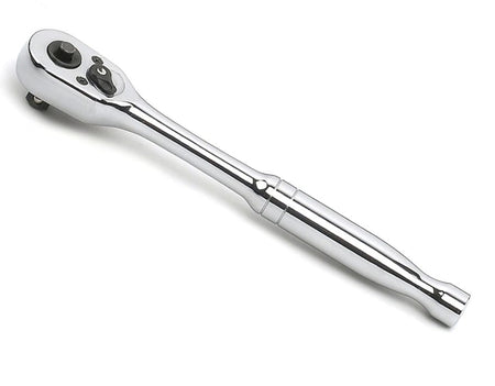 A full studio shot of a GEARWRENCH 45-tooth quick-release ratchet with a full polish chrome finish, isolated on a white background.