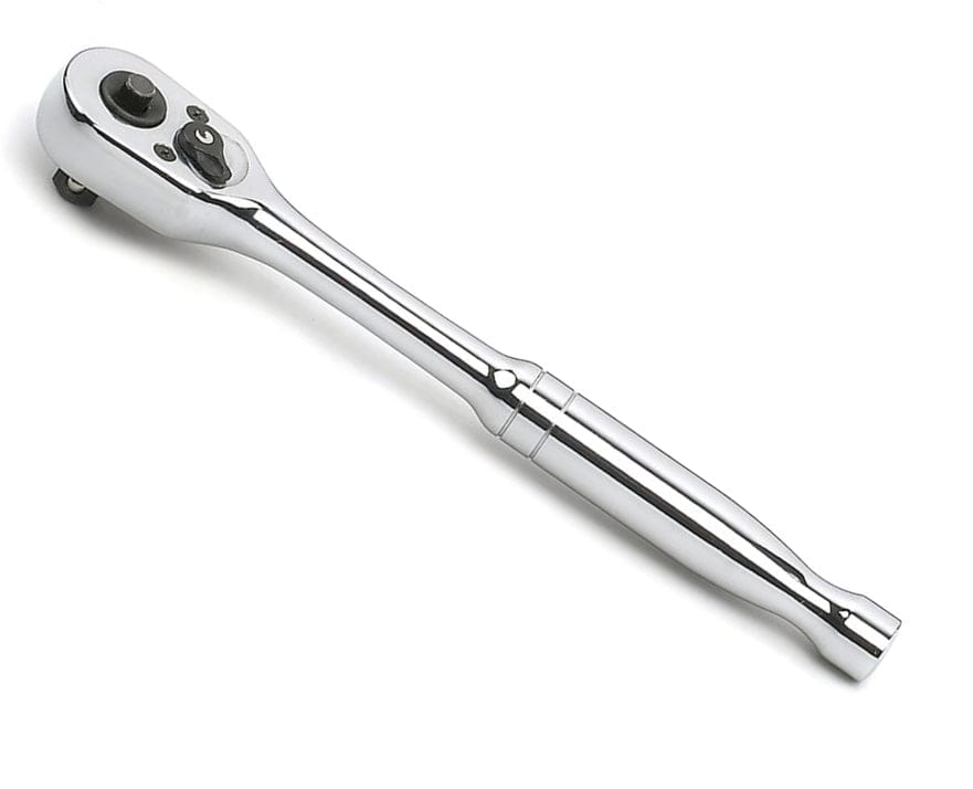 A full studio shot of a GEARWRENCH 45-tooth quick-release ratchet with a full polish chrome finish, isolated on a white background.