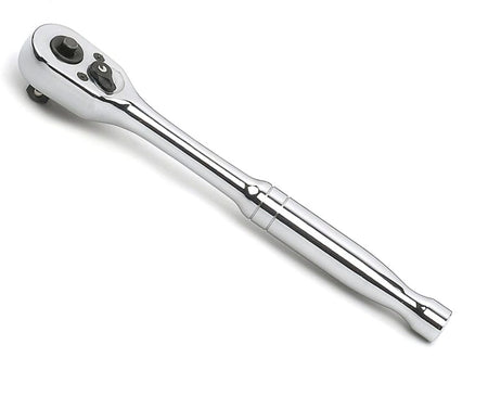 A full studio shot of a GEARWRENCH 45-tooth quick-release ratchet with a full polish chrome finish, isolated on a white background.