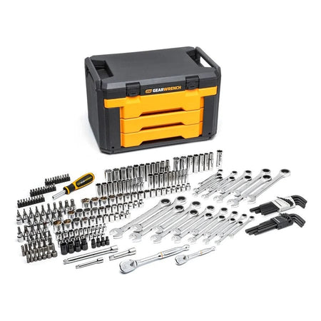 The complete 232-piece GEARWRENCH mechanics tool set laid out in front of its closed heavy-duty black and orange 3-drawer storage box.