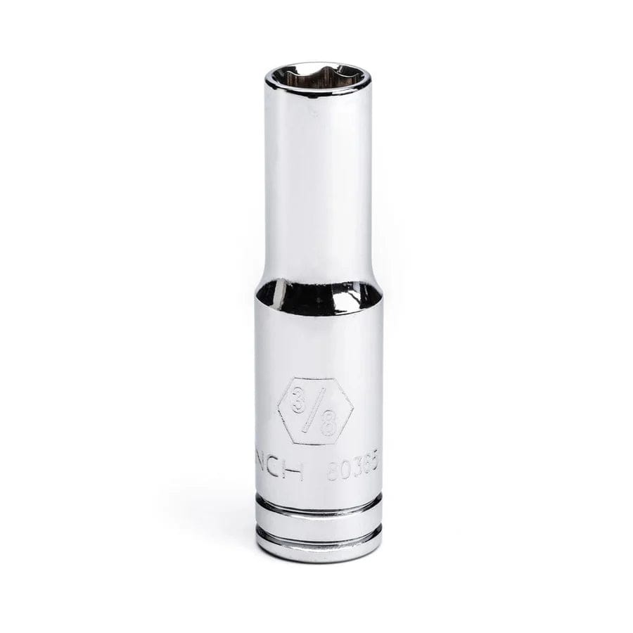 A close-up studio shot of a long chrome 3/8-inch drive deep socket, highlighting the polished finish and size marking.