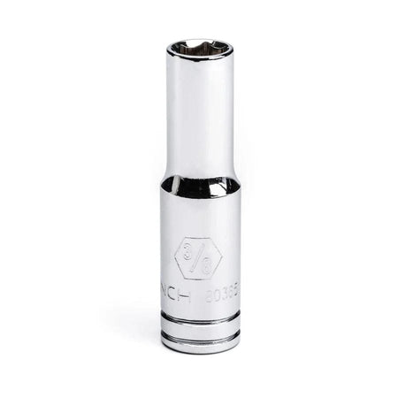 A close-up studio shot of a long chrome 3/8-inch drive deep socket, highlighting the polished finish and size marking.
