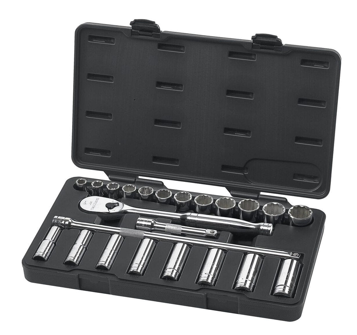 A GEARWRENCH 23-piece 1/2 inch drive SAE mechanics tool set organized in a professional black blow-mold storage case, featuring standard and deep 6-point sockets, a 90-tooth teardrop ratchet, and extensions in a full-polish chrome finish.