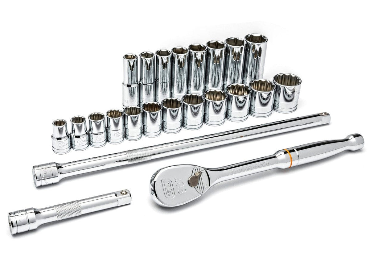 A complete studio layout of the GEARWRENCH 80707 set, showcasing the full range of SAE standard and deep sockets, a professional 90-tooth teardrop ratchet, and two knurled extension bars, all crafted from premium full-polish chrome alloy steel.