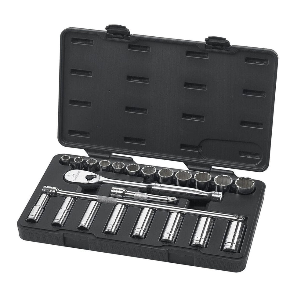 A GEARWRENCH 23-piece 1/2 inch drive SAE mechanics tool set organized in a professional black blow-mold storage case, featuring standard and deep 6-point sockets, a 90-tooth teardrop ratchet, and extensions in a full-polish chrome finish.