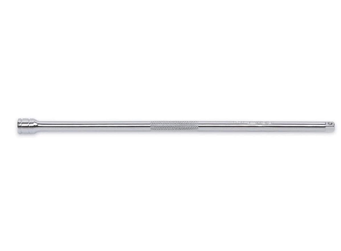 A close-up view of a GEARWRENCH professional-grade full-polish chrome extension bar, featuring a knurled grip section for easier finger-turning and a 1/2 inch square drive tang.
