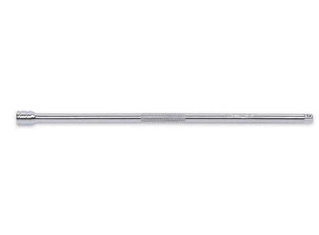 A close-up view of a GEARWRENCH professional-grade full-polish chrome extension bar, featuring a knurled grip section for easier finger-turning and a 1/2 inch square drive tang.