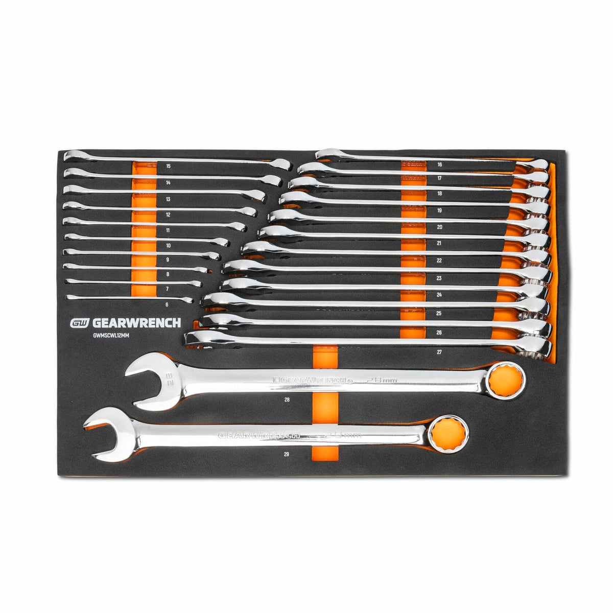 GEARWRENCH combination wrench set in foam tray with labeled slots and orange highlights; chrome wrenches arranged from smallest to largest for modular tool chest organization
