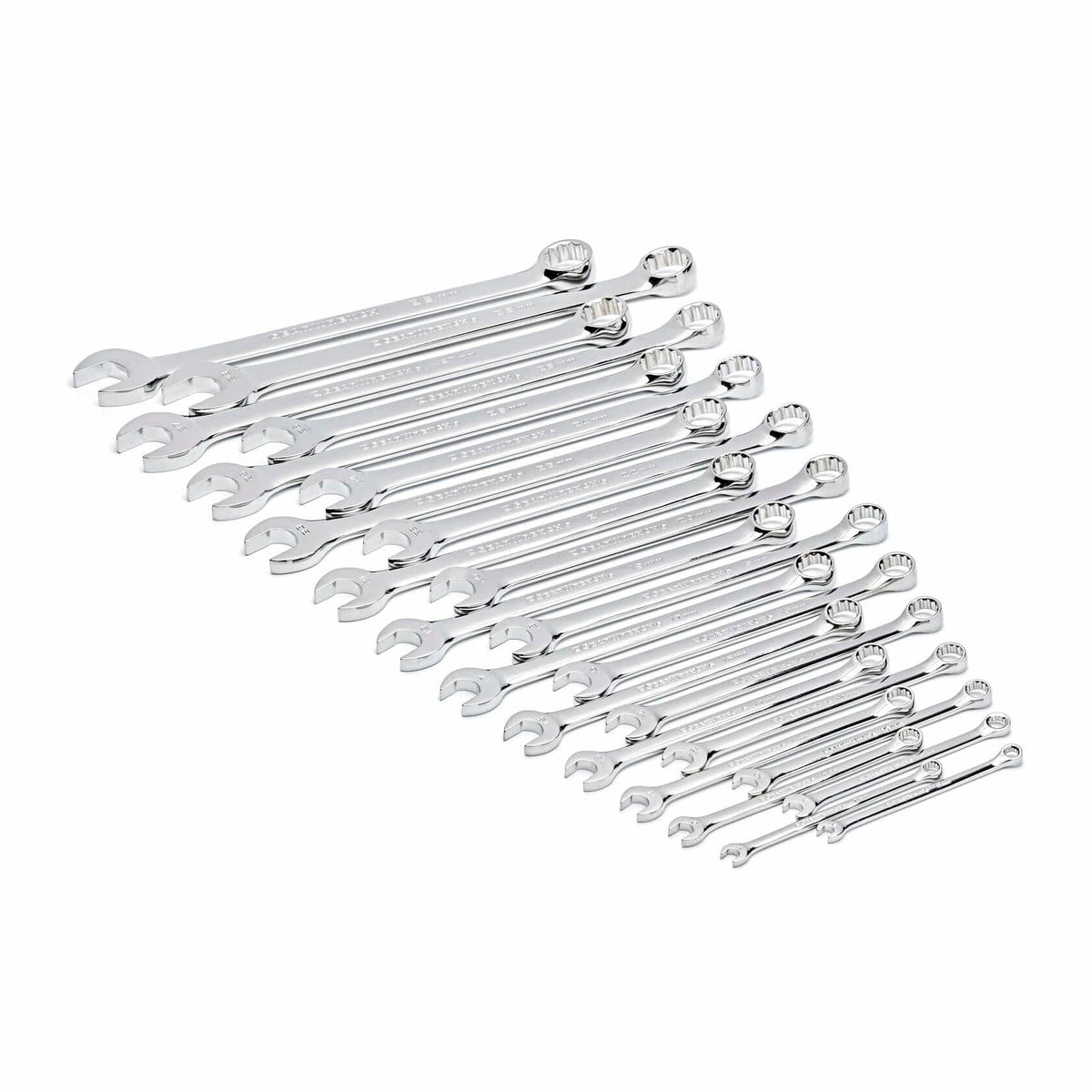 Polished chrome combination wrenches arranged in descending order by size; each wrench includes open-end and box-end design suitable for mechanical and automotive tasks